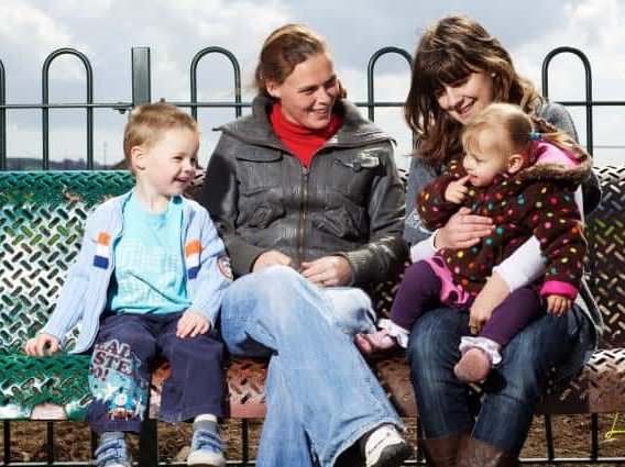 Two mums and kids on bench